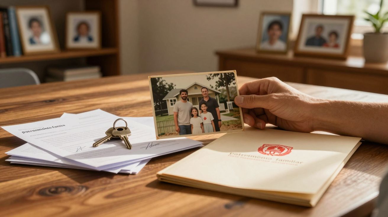 Mão segura foto de família junto a chaves e documentos de património familiar sobre mesa de madeira.