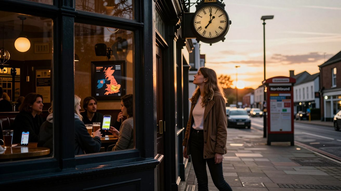 Mulher olha para relógio de parede numa rua ao entardecer, com grupo a conversar dentro de café.
