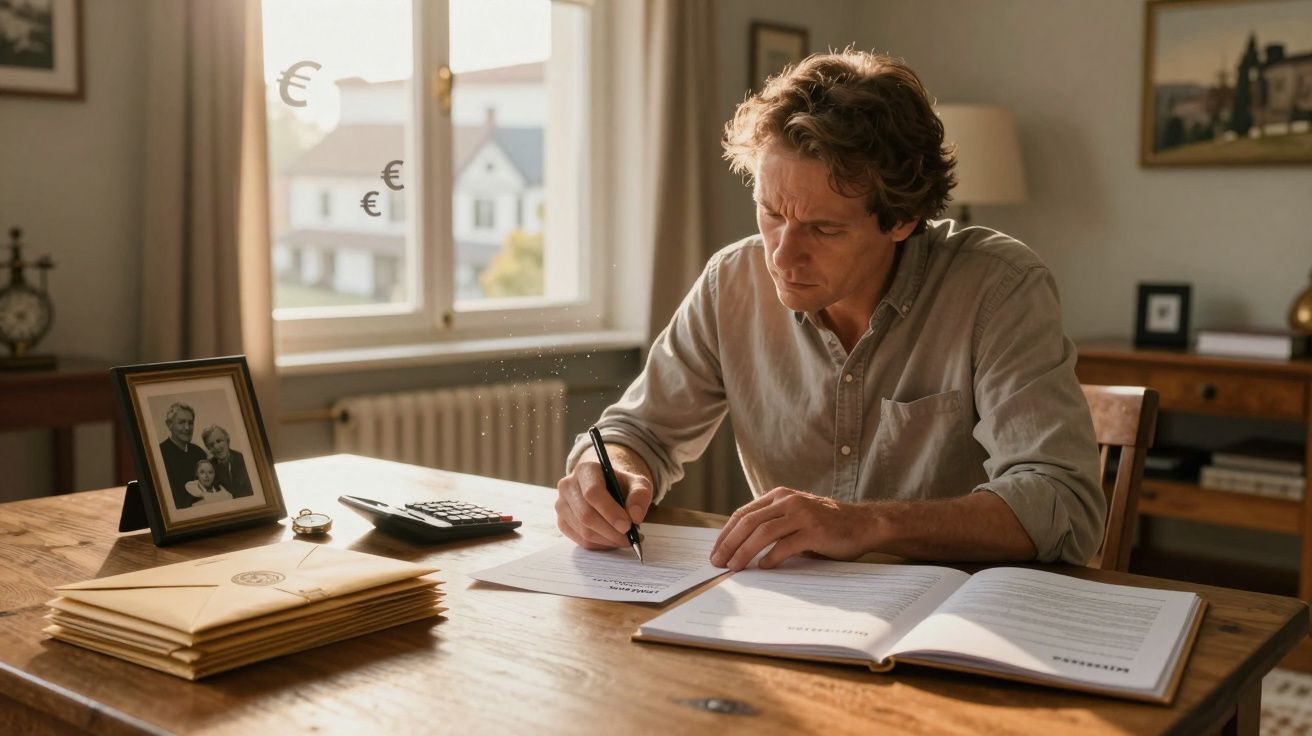 Homem sentado a calcular despesas e a preencher documentos numa mesa com fotografias e envelopes.