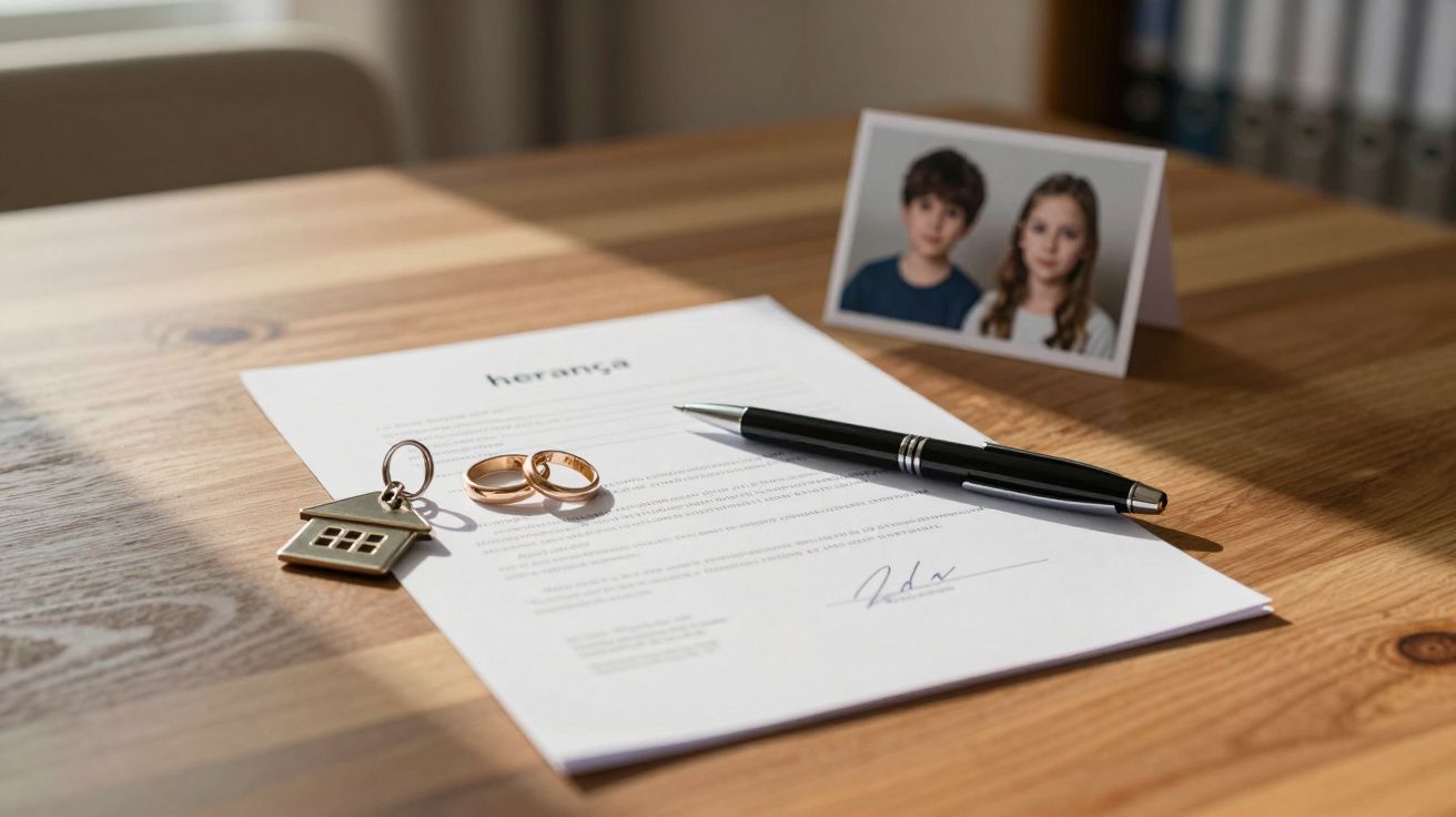 Documento de herança com alianças, chaveiro de casa, caneta e fotografia de duas crianças numa mesa de madeira.