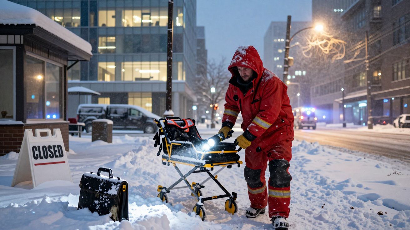 Socorrista com fato vermelho empurra maca na rua nevosa numa cidade iluminada ao anoitecer.