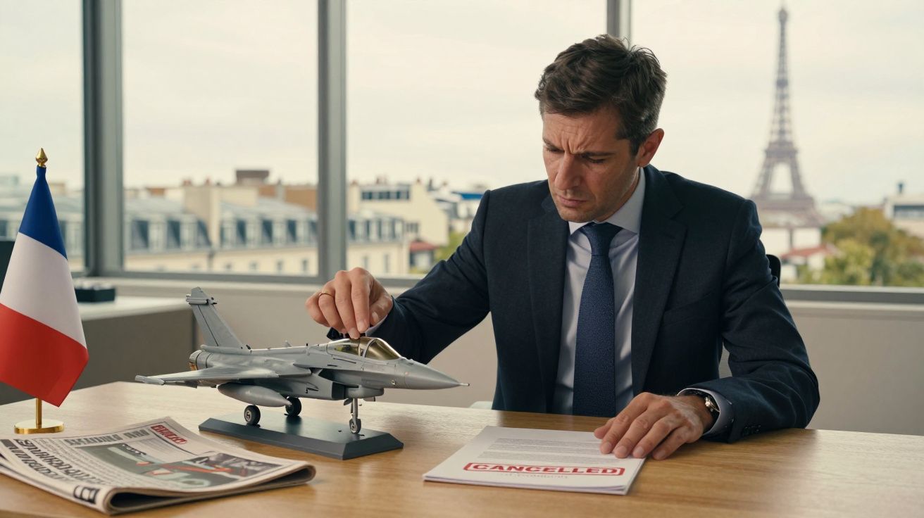 Homem de negócios vestido de fato sentado à mesa com modelo de avião e documentos com selo de cancelado, Torre Eiffel ao fund