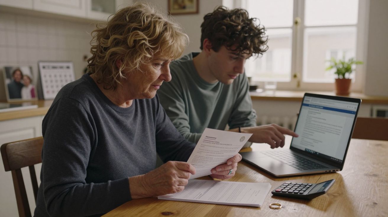 Mulher mais velha e jovem sentados à mesa, a analisar documentos e usar computador portátil com calculadora ao lado.