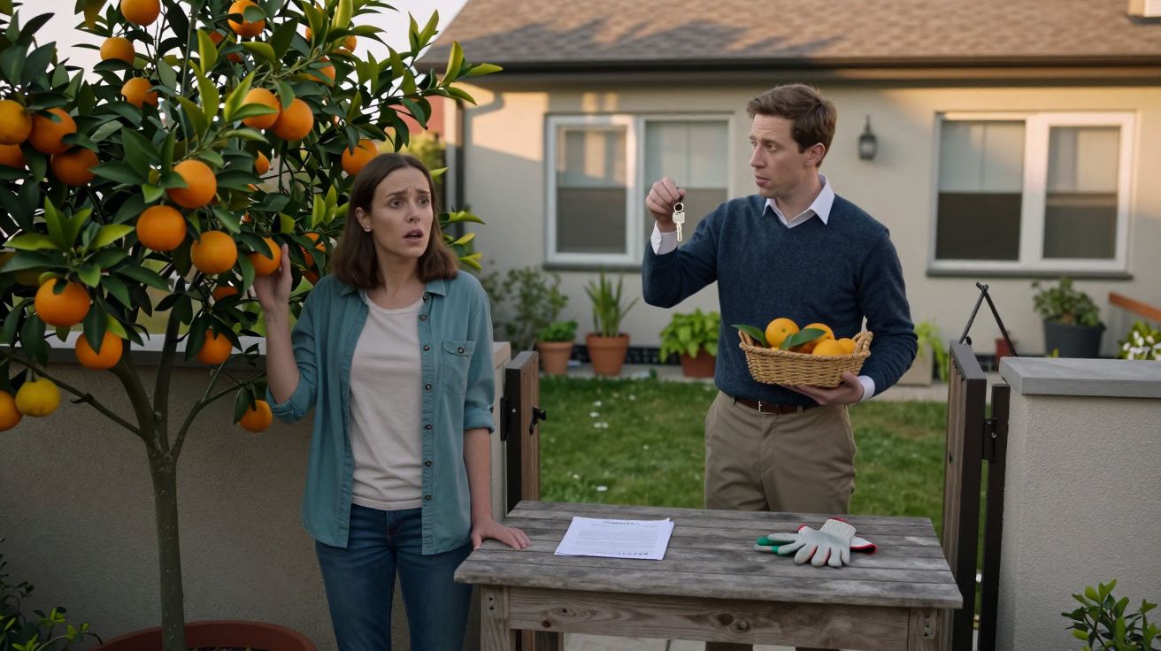 Mulher surpresa junto a árvore de laranjas e homem a mostrar chave com cesta de frutas no jardim de casa.