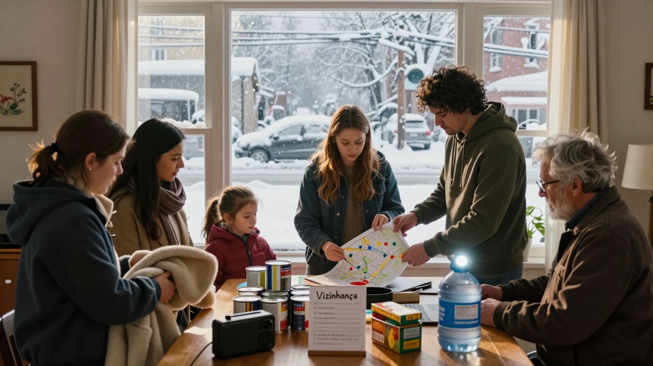 Grupo familiar a planear atividades em casa com neve visível pela janela grande ao fundo.