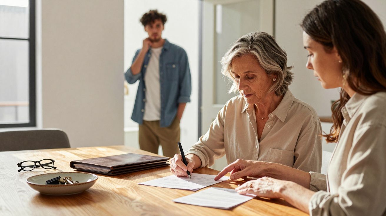 Duas mulheres a assinar documentos numa mesa, com um homem ao fundo a falar ao telemóvel numa sala iluminada.