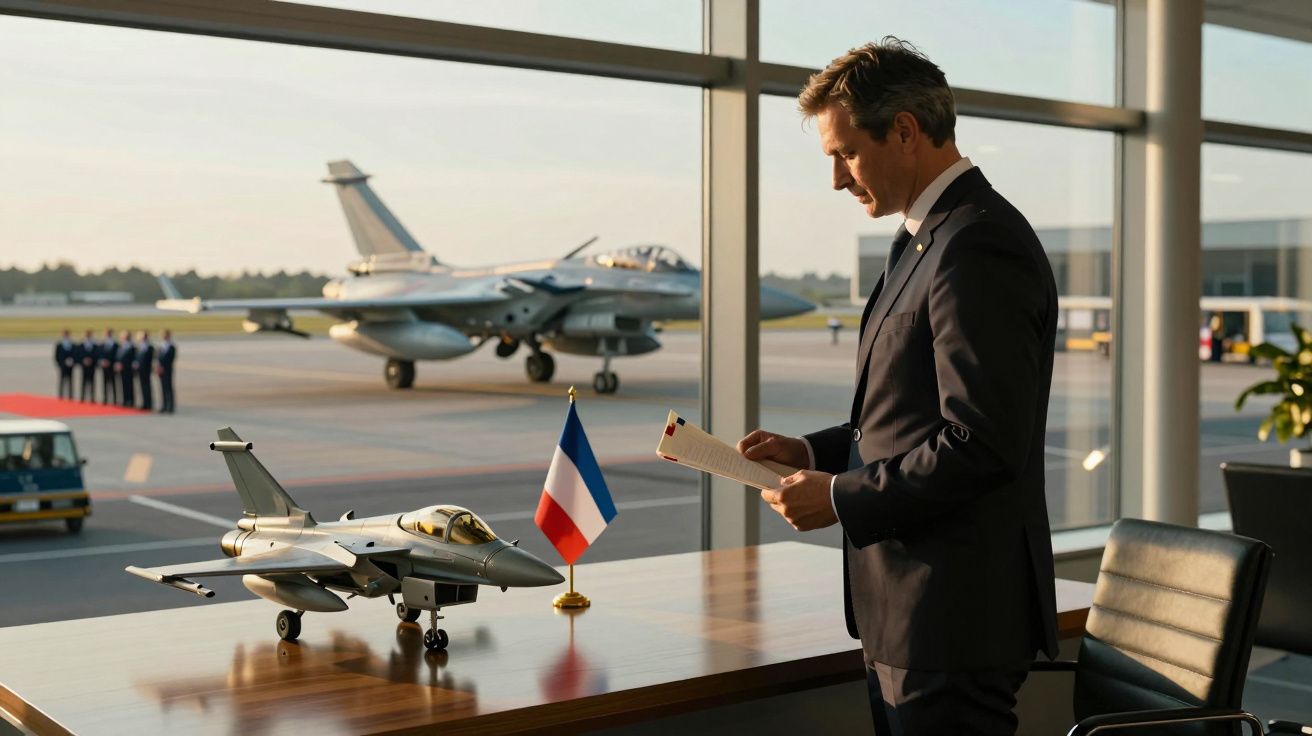 Homem de fato lê documento junto a modelo de avião e bandeira francesa numa sala com vista para aeroporto militar.