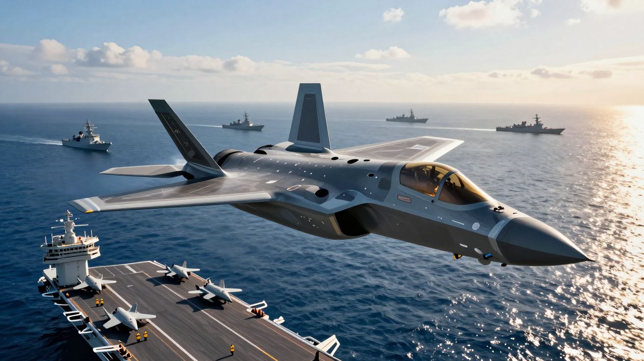 Caça furtivo a voar sobre porta-aviões com navios de guerra no oceano ao pôr-do-sol.