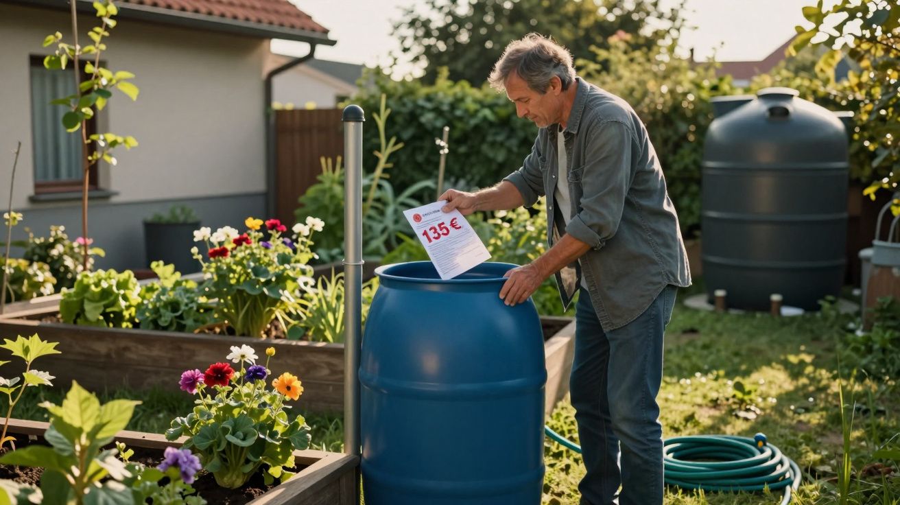 Homem a colocar carta numa barrica azul num jardim com flores e cano verde no chão.