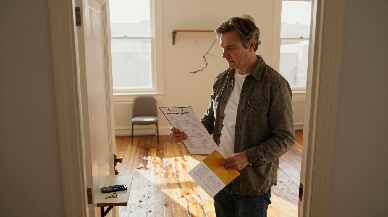 Homem numa sala vazia, a ler documentação sobre inspeção de casa durante avaliação imobiliária.