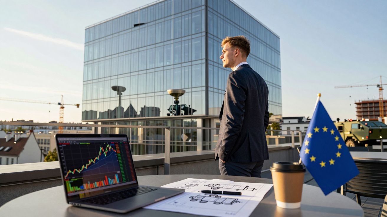 Homem de negócios em fato observa horizonte numa varanda, com laptop a mostrar gráficos e bandeira da UE ao lado.