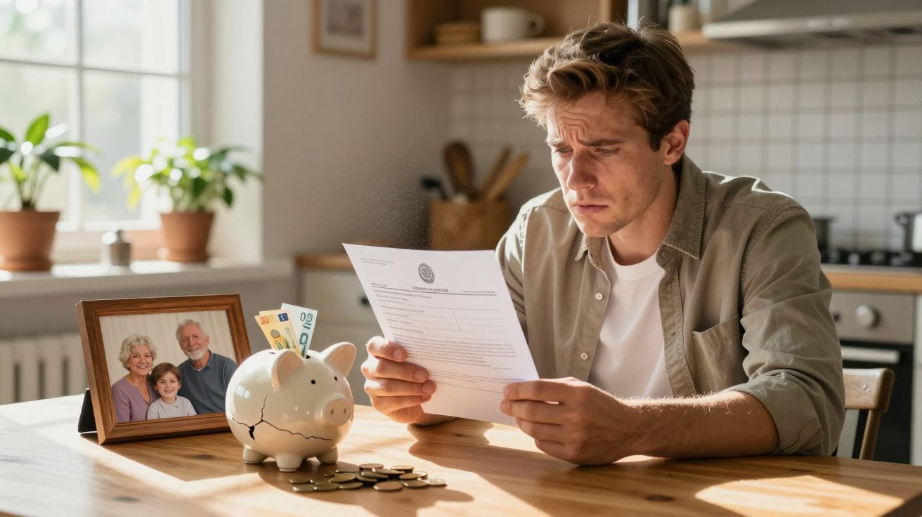 Homem preocupado a ler uma carta numa cozinha, com mealheiro rachado e foto familiar na mesa.