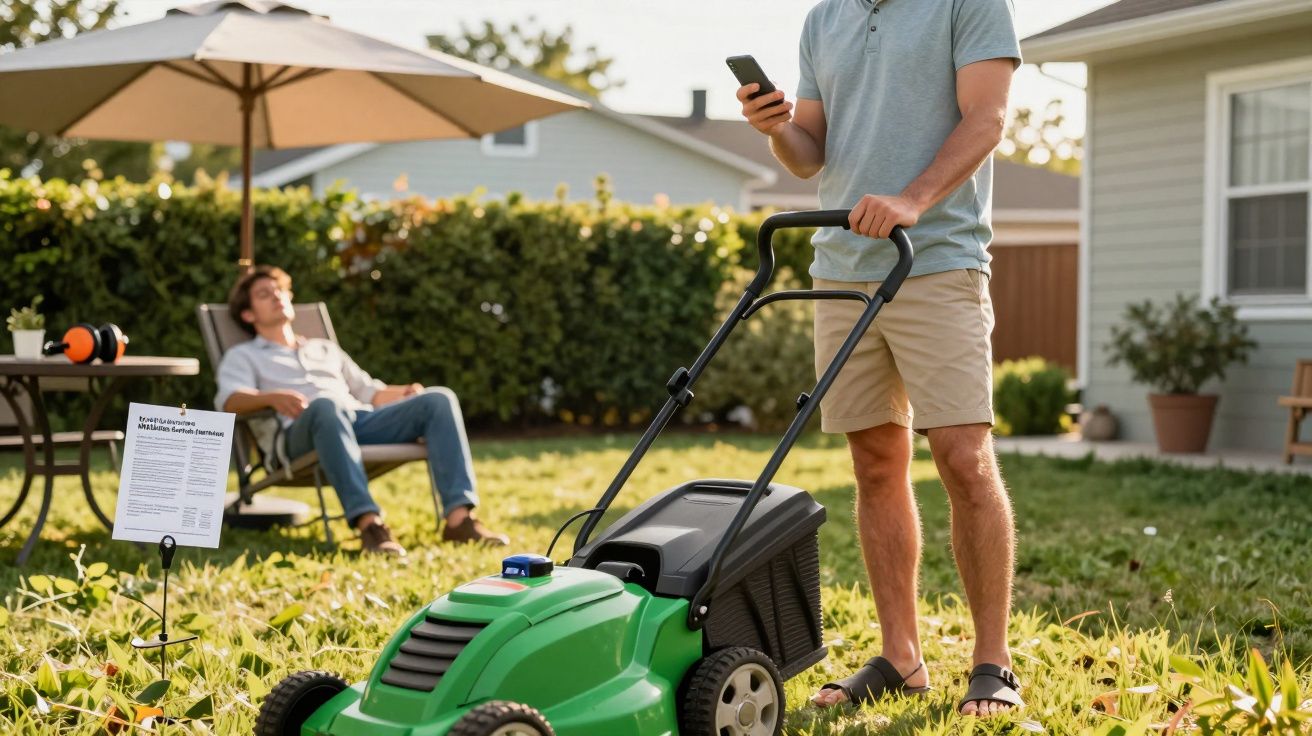 Homem em roupa casual a cortar relva com corta-relvas verde no jardim, enquanto outro descansa numa cadeira.