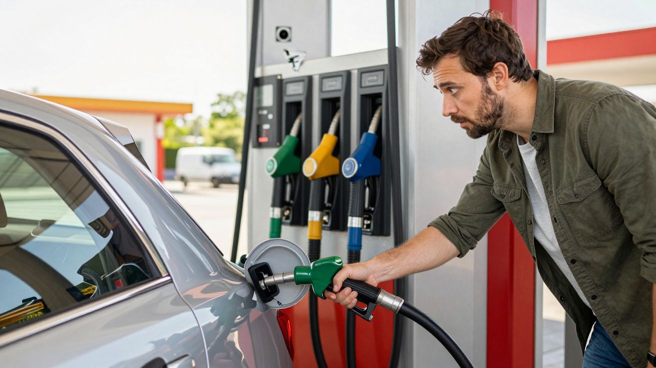Homem a abastecer um carro com combustível numa bomba de gasolina numa estação de serviço.