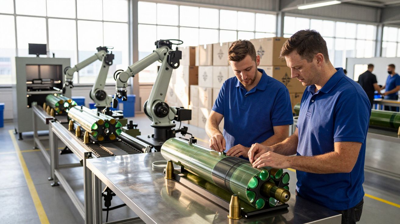 Dois técnicos em polos azuis montam equipamento industrial verde numa linha de produção moderna numa fábrica.