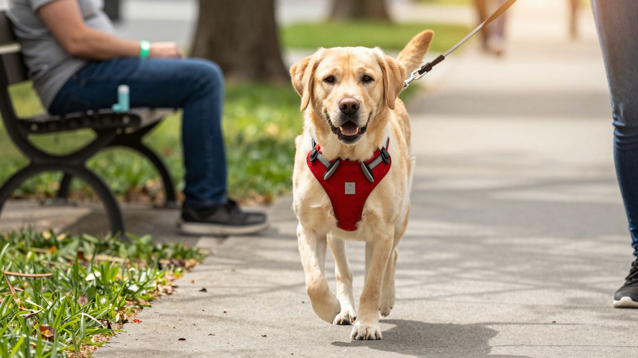Cão labrador amarelo com peitoral vermelho a ser passeado numa calçada de parque urbano.