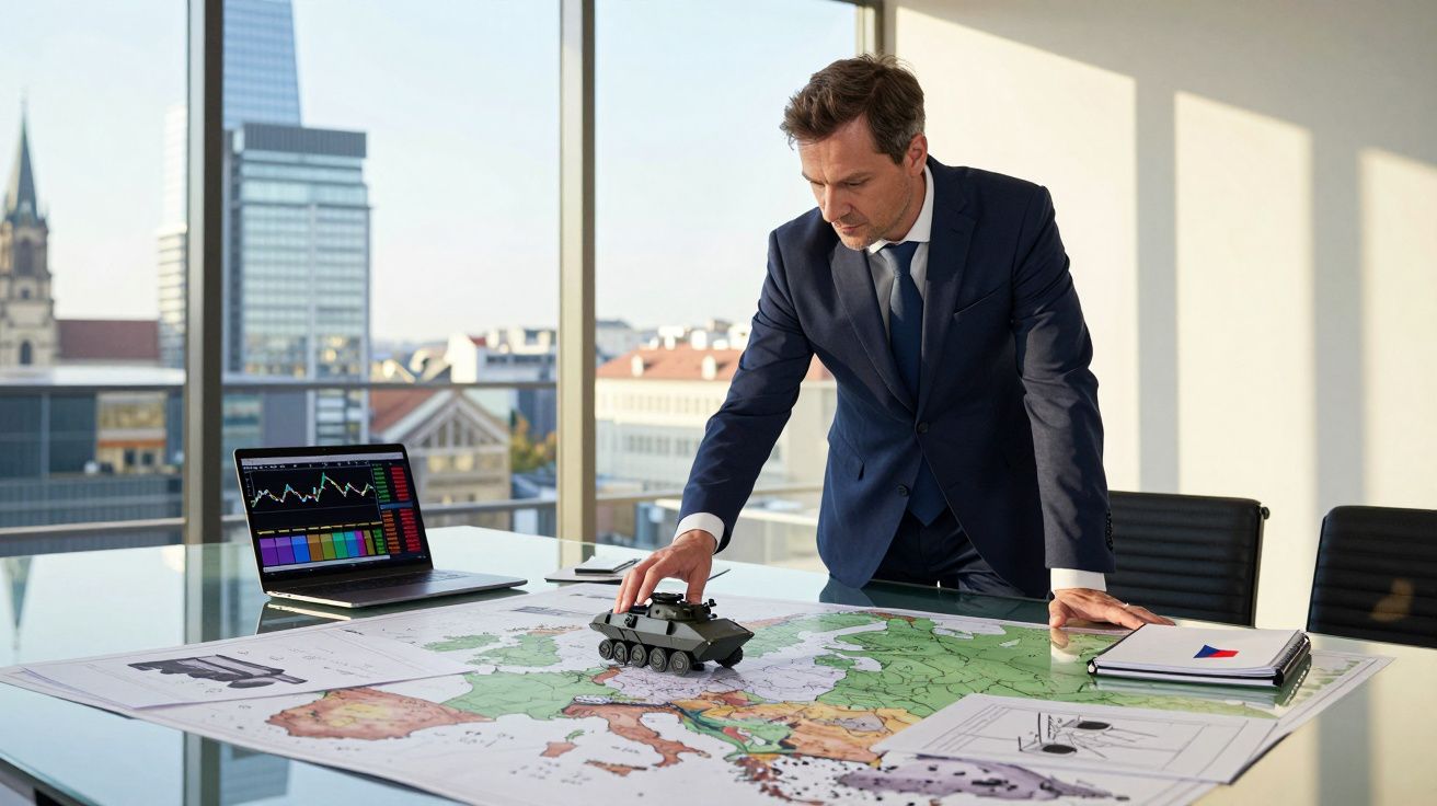 Homem de fato a analisar mapa da Europa com modelo de tanque militar numa sala moderna com vista urbana.