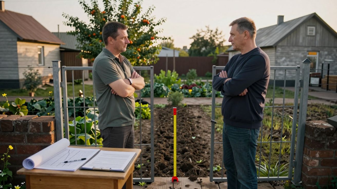 Dois homens conversam com os braços cruzados numa horta, com plantas, casas e prancheta com desenhos à frente.