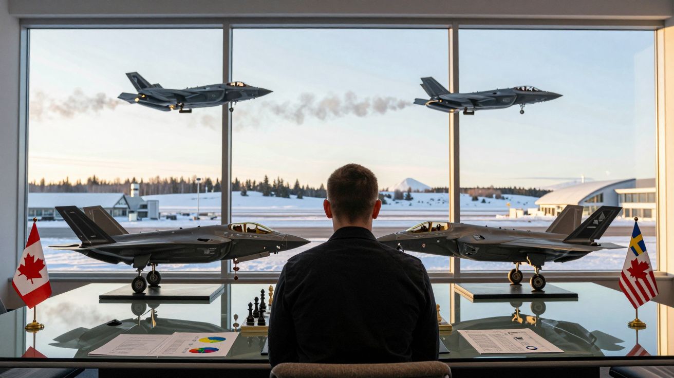 Homem sentado frente a janela com quatro jatos militares F-35 e duas pequenas bandeiras, Canadá e Estados Unidos.
