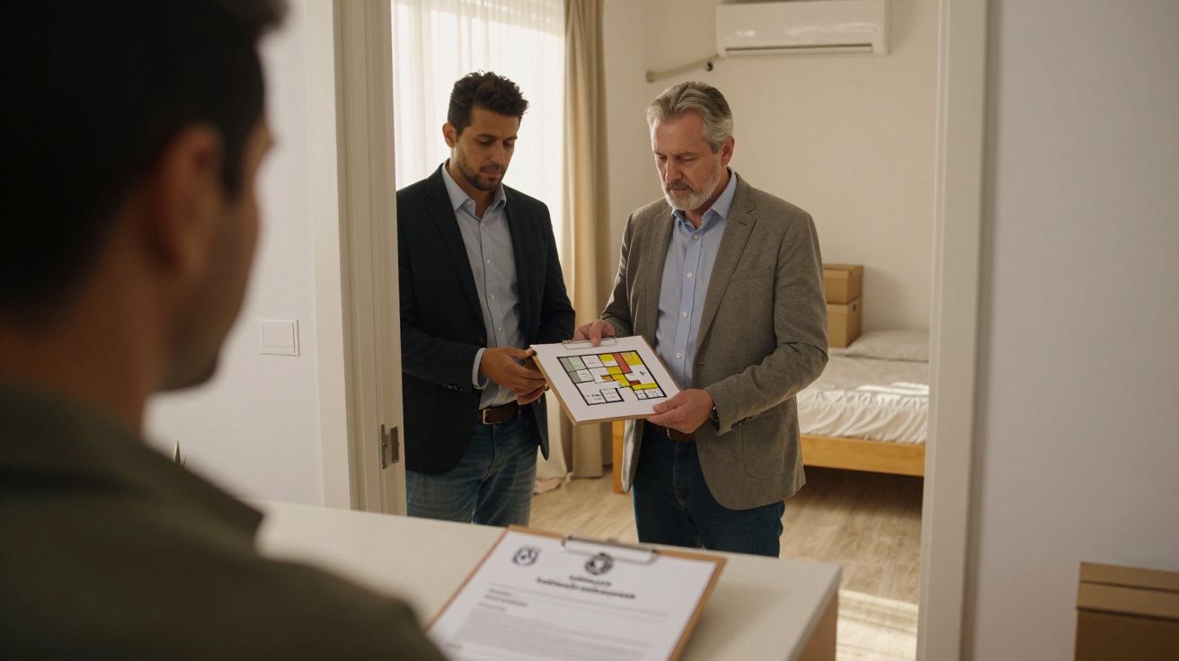 Dois homens analisam planta de casa enquanto cliente aguarda numa sala com cama ao fundo.