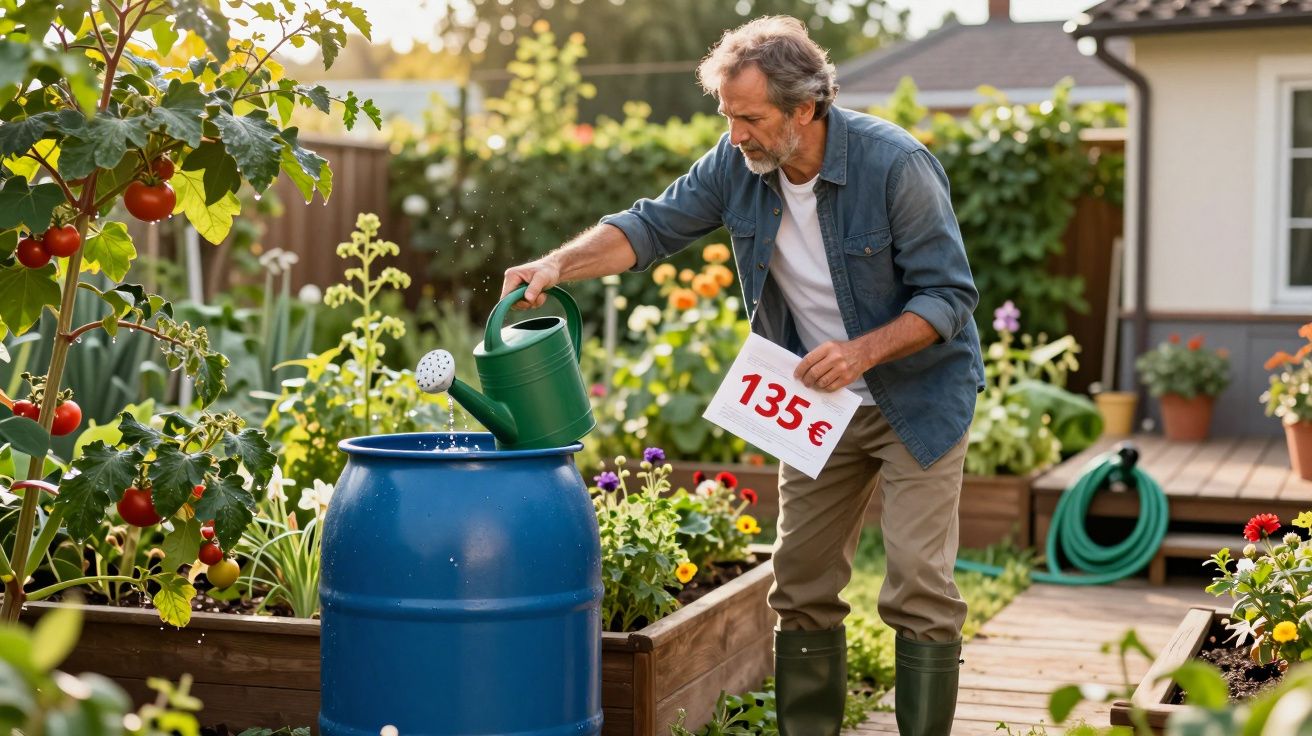 Homem a regar plantas num jardim com regador verde e a segurar papel com valor de 135€