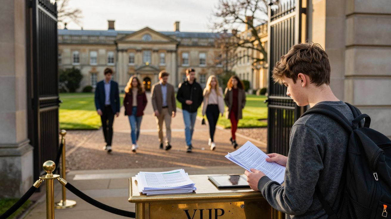 Jovem com mochila lê documentos numa mesa VIP, com grupo de pessoas a caminhar e edifício histórico ao fundo.