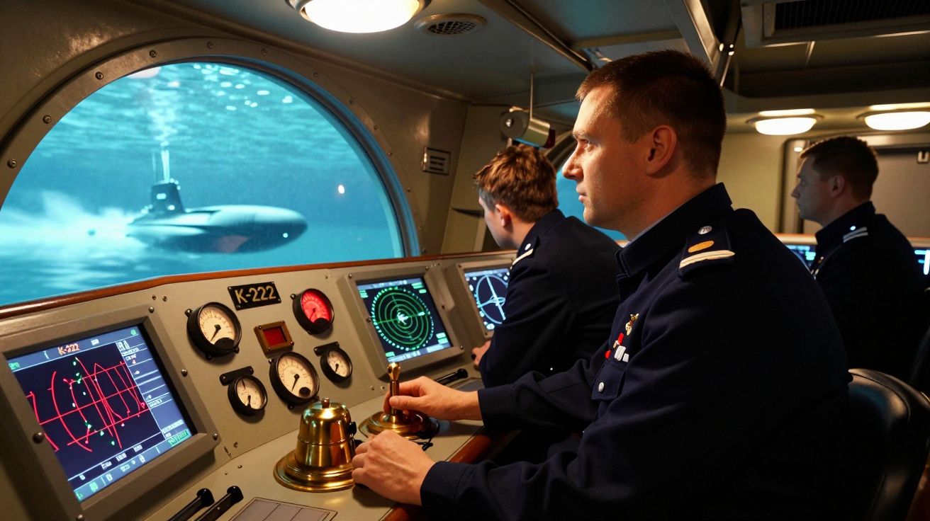 Tripulação militar a operar controlo de sonar num submarino com visão subaquática de outro submarino.