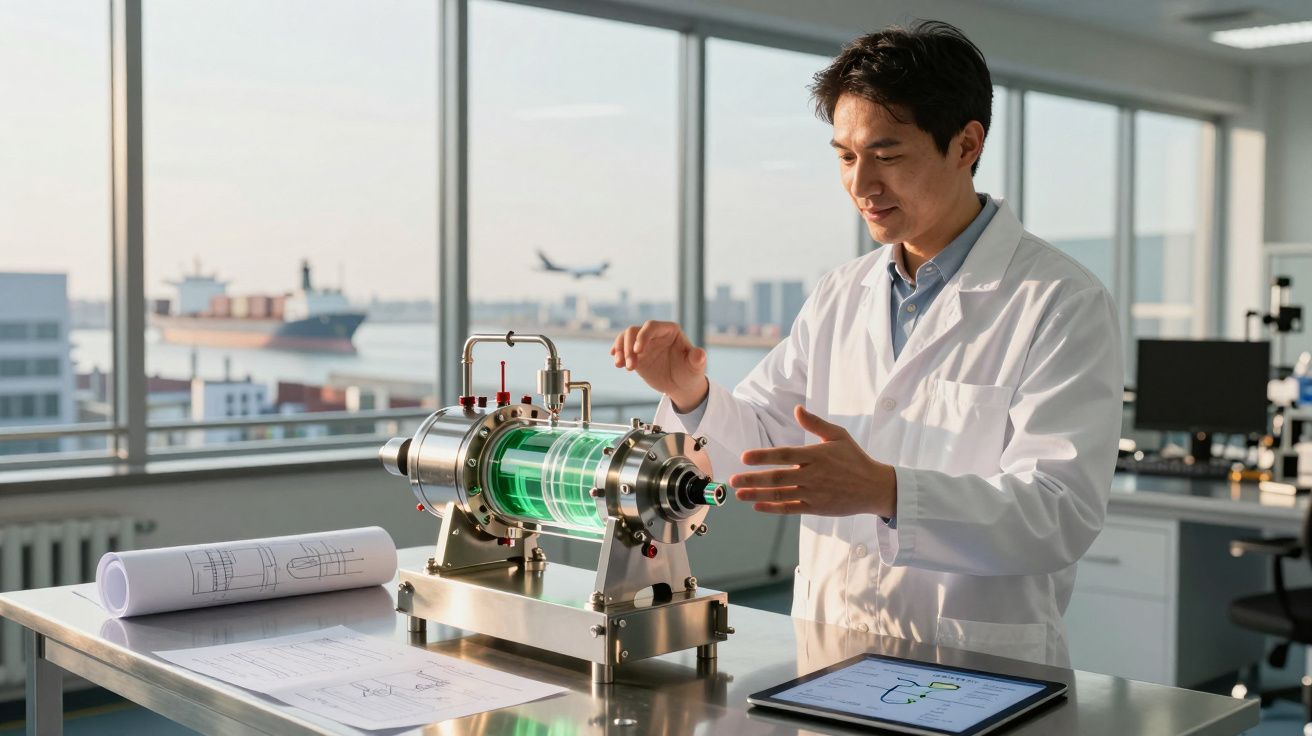 Cientista a trabalhar num protótipo tecnológico num laboratório com vista para o porto e um avião a aterrar.