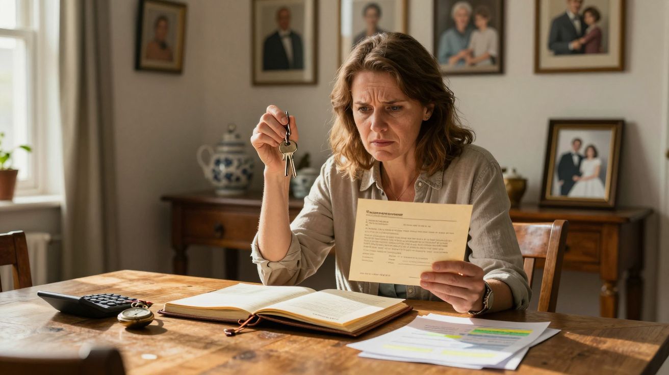 Mulher preocupada sentada à mesa com carta e chaves na mão, rodeada por fotografias de família.