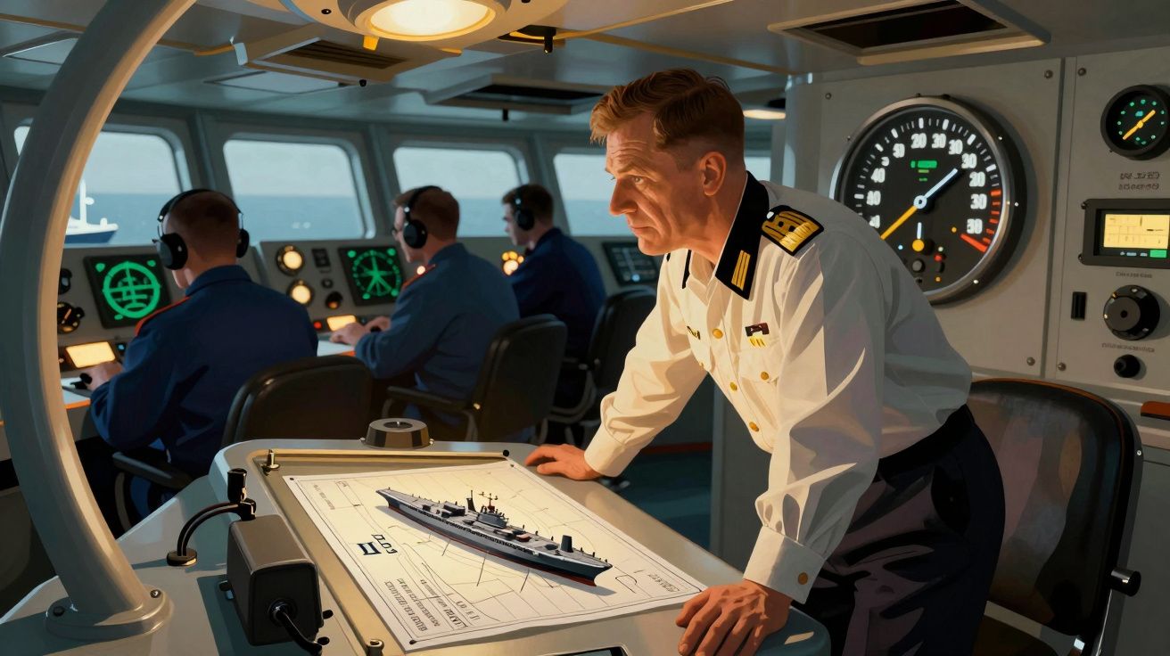 Oficial naval em câmara de comando de navio com equipa a monitorizar radares e mapa de navio estrategicamente posicionado.