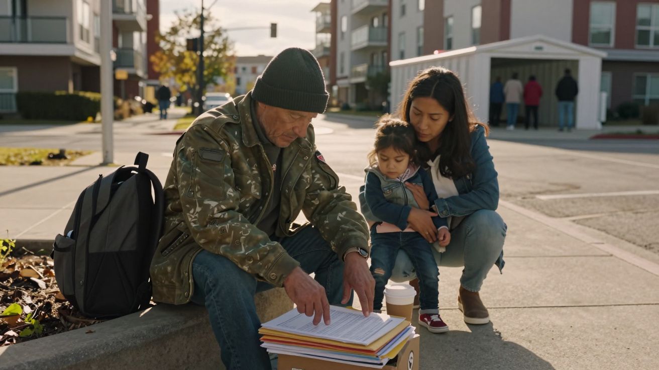 Homem com roupa camuflada sentado com documentos e mulher com criança ao lado em rua urbana.