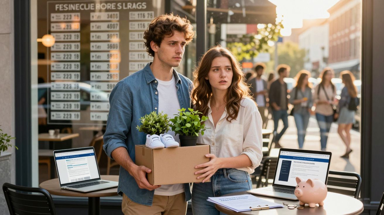 Casal preocupado com mudança, segurando caixa com plantas, ténis e computadores em café ao ar livre.