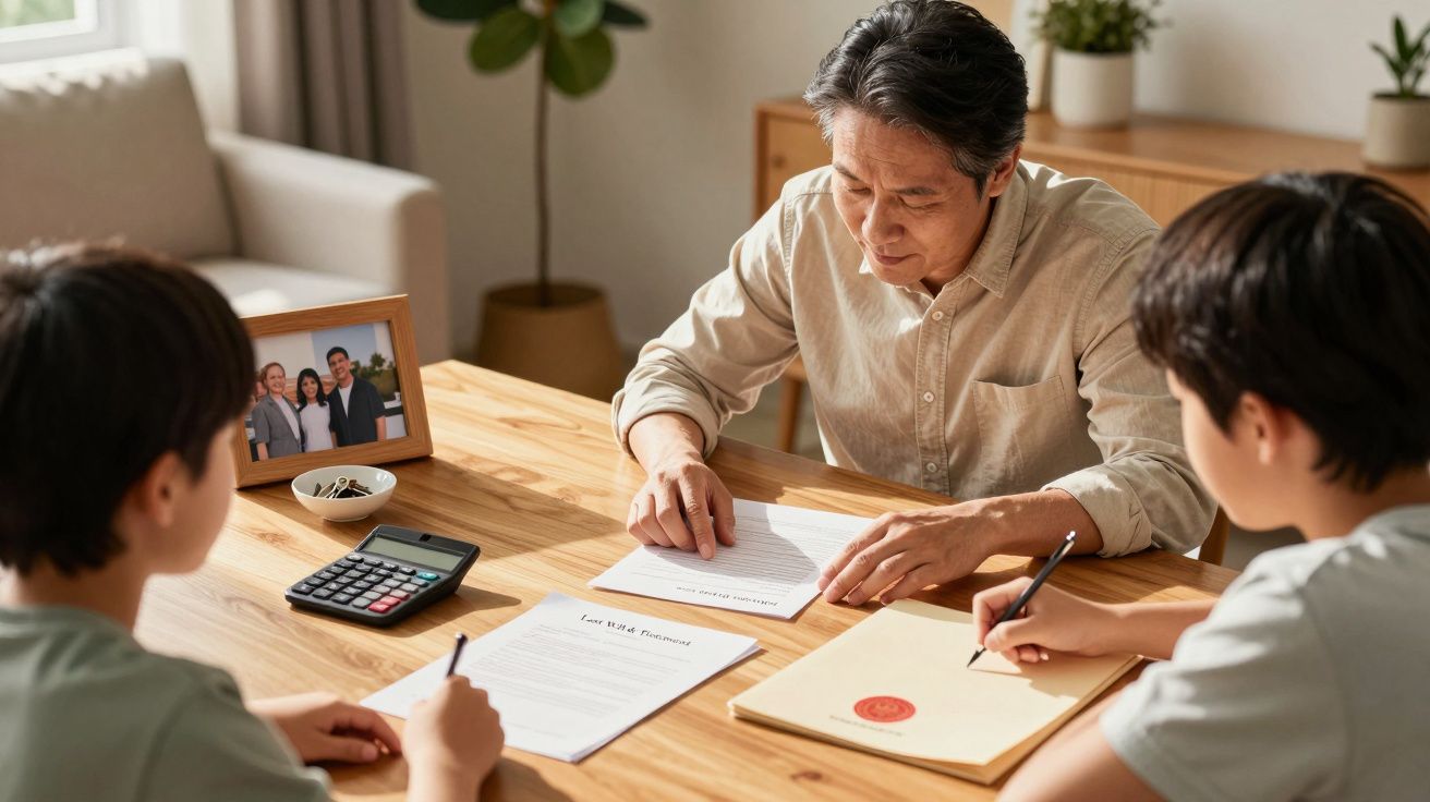 Homem e duas crianças sentados à mesa a ler e assinar documentos importantes em casa.