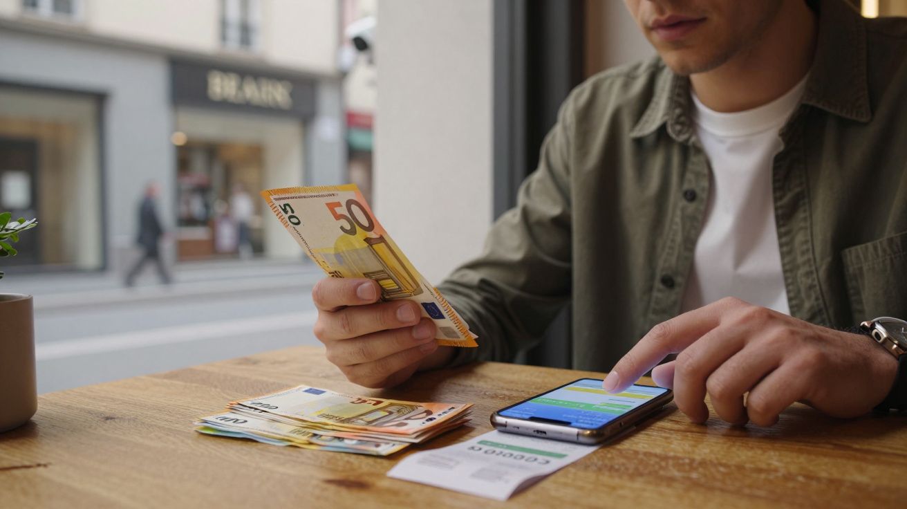 Pessoa a segurar notas de 50 euros e usar telemóvel numa mesa com dinheiro e recibo à frente.