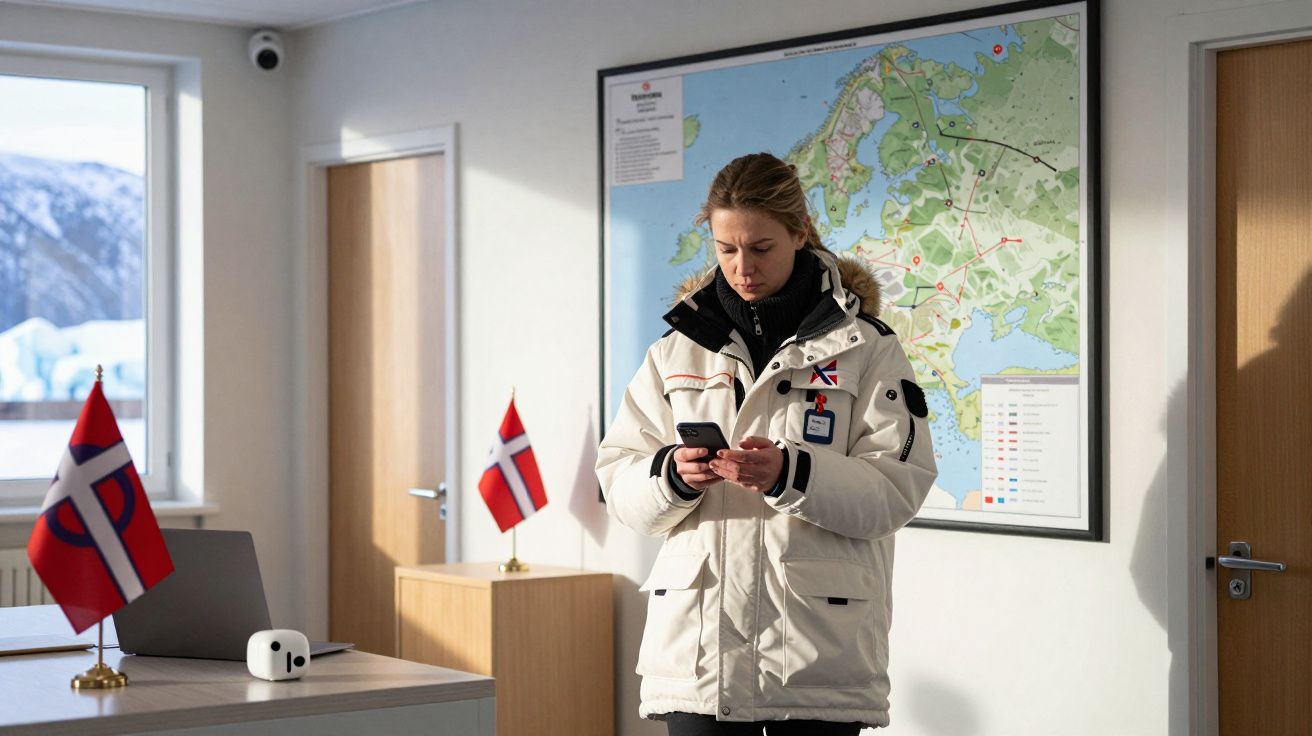 Mulher de casaco branco consulta telemóvel numa sala com bandeiras e mapa na parede.