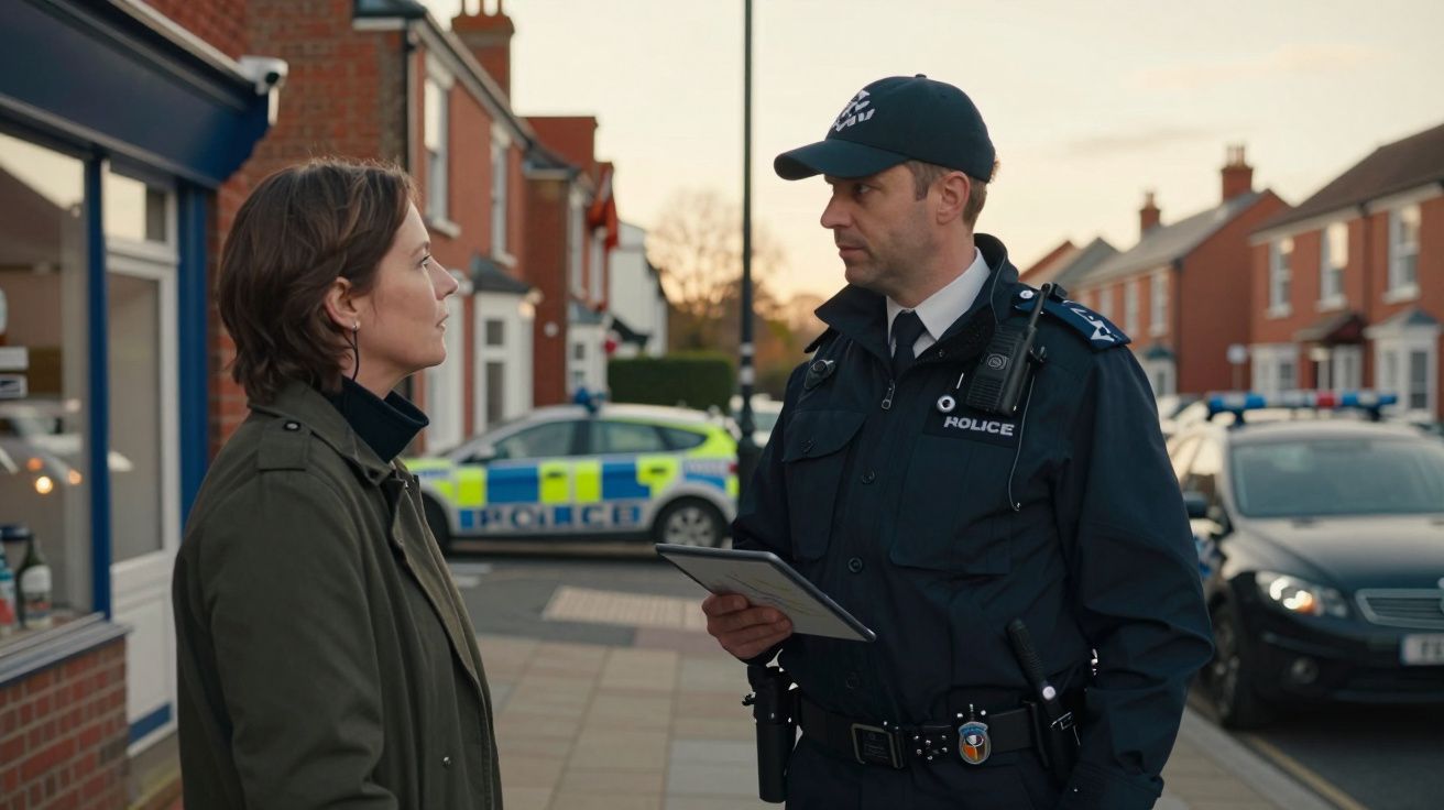 Polícia conversa com mulher numa rua residencial com carros da polícia estacionados ao fundo.