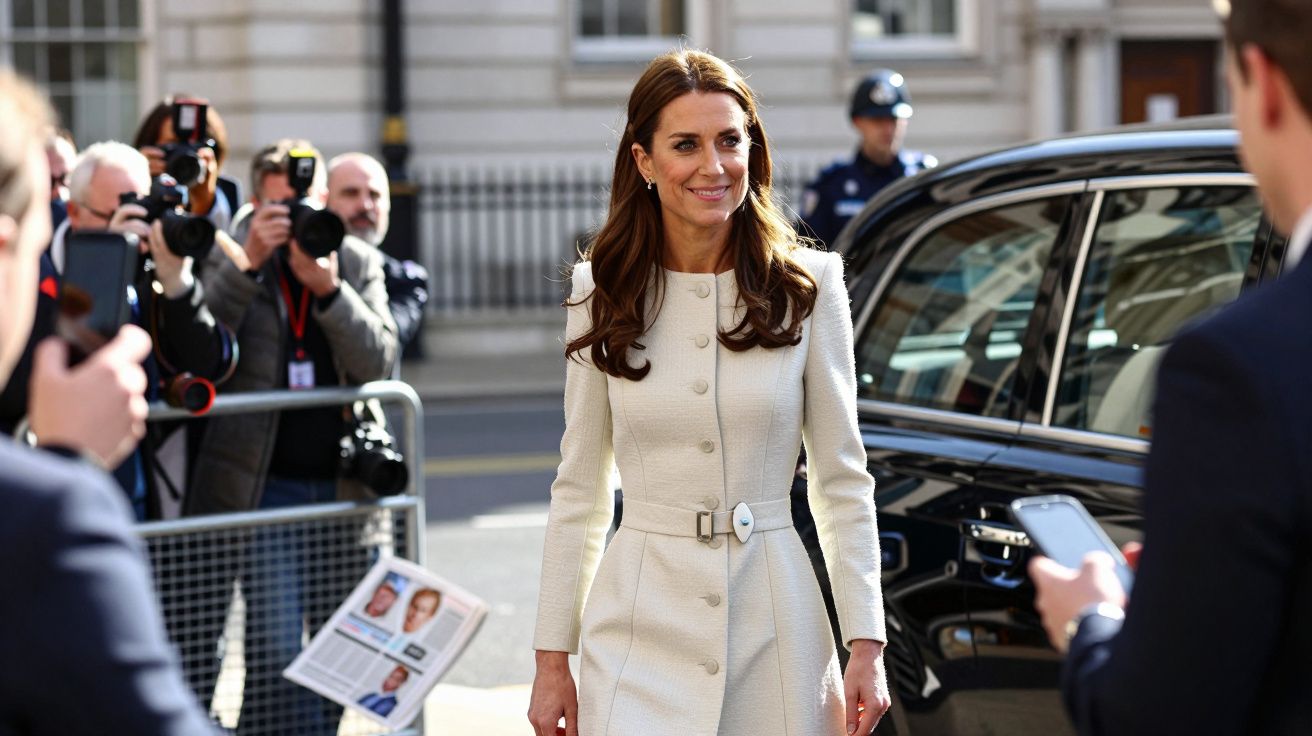 Mulher sorridente de cabelo comprido castanho, vestindo casaco branco, rodeada por fotógrafos na rua.