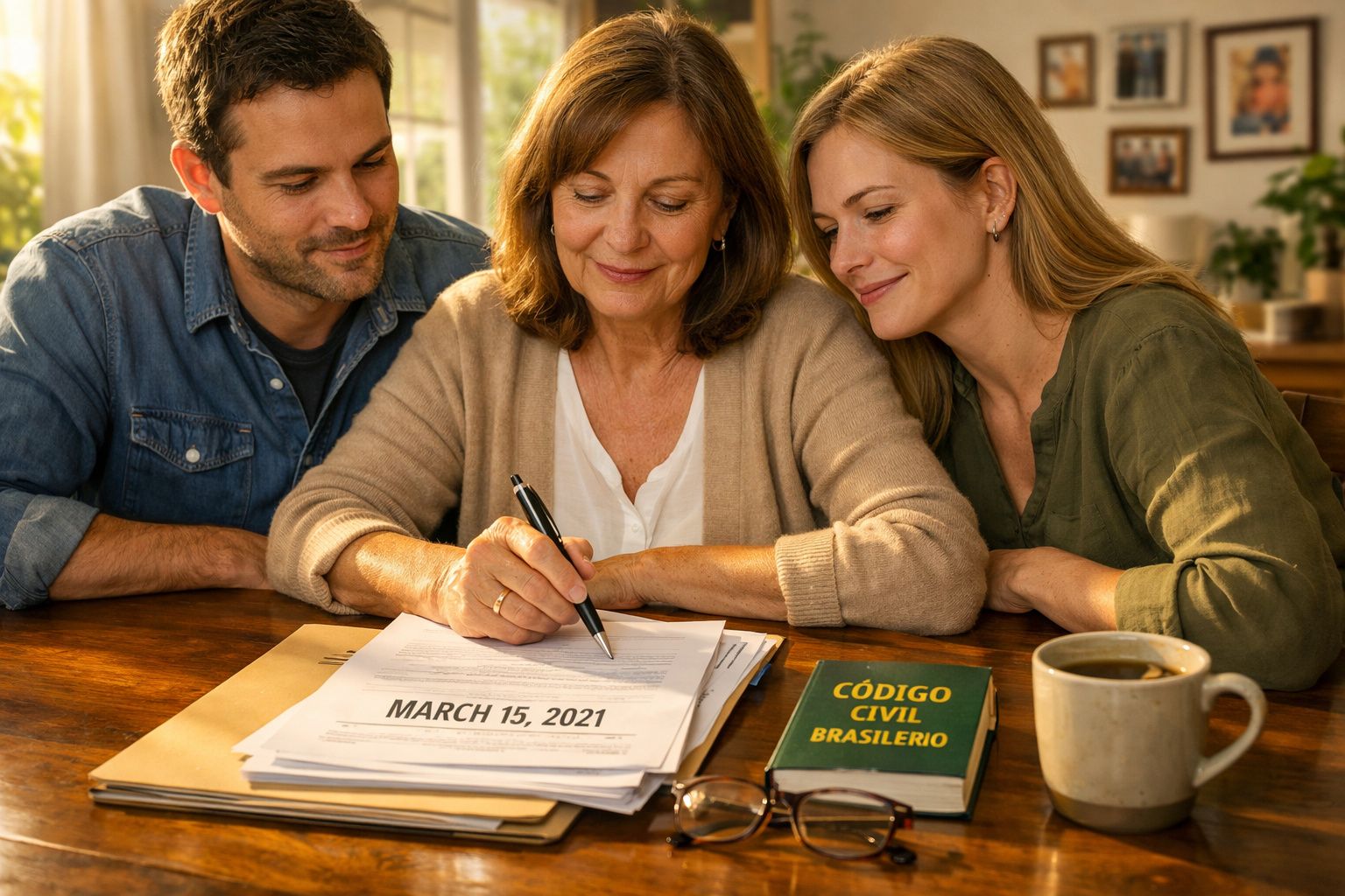 Três pessoas sentadas à mesa a analisar documentos e um livro de Código Civil Brasileiro.