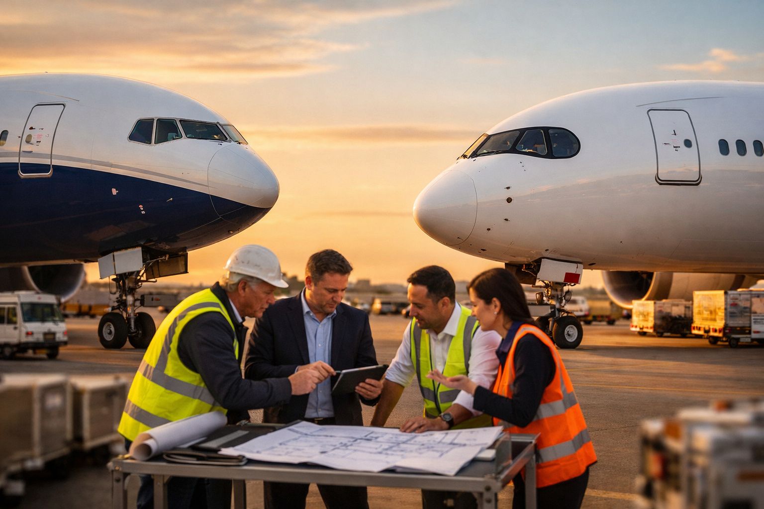 Quatro profissionais de aviação revisam planos junto a dois aviões no aeroporto ao pôr do sol.