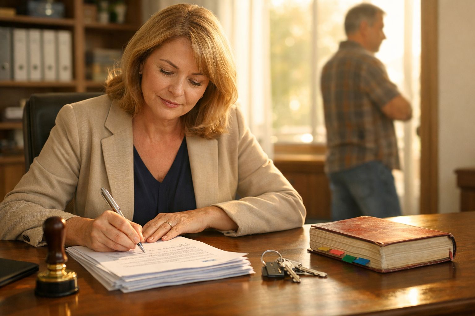 Mulher assinando documentos numa mesa com livro, chaves e homem ao fundo junto à janela.