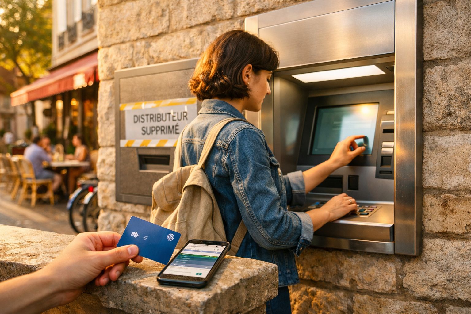 Pessoa a levantar dinheiro num multibanco na rua com cartão e telemóvel numa parede de pedra.
