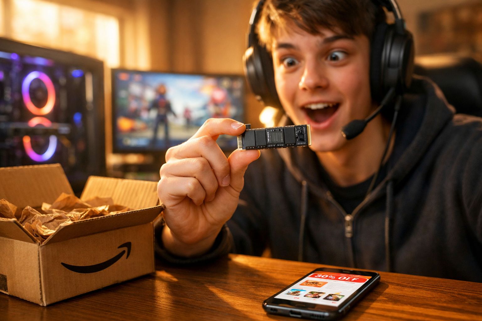 Jovem entusiasmado a mostrar um SSD M.2 perto de uma caixa da Amazon, com computador e telemóvel à frente.