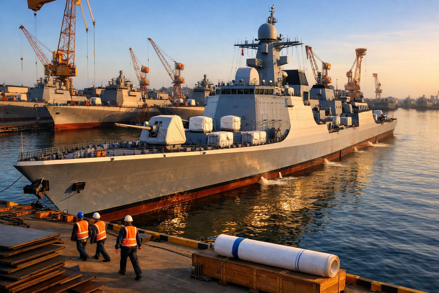 Porta-aviões militar no porto ao pôr do sol com três trabalhadores de colete laranja em primeiro plano.