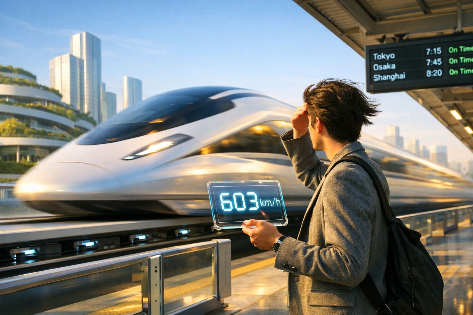 Homem de fato observa comboio de alta velocidade numa estação urbana moderna ao amanhecer.
