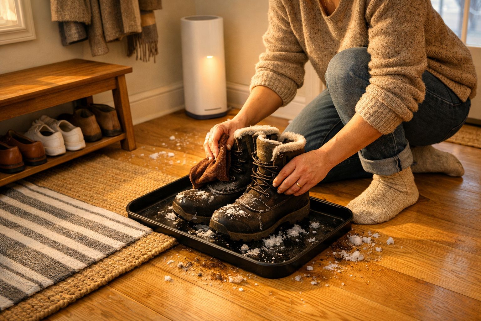 Pessoa a limpar botas de inverno com neve dentro de uma bandeja no chão de madeira numa entrada de casa.