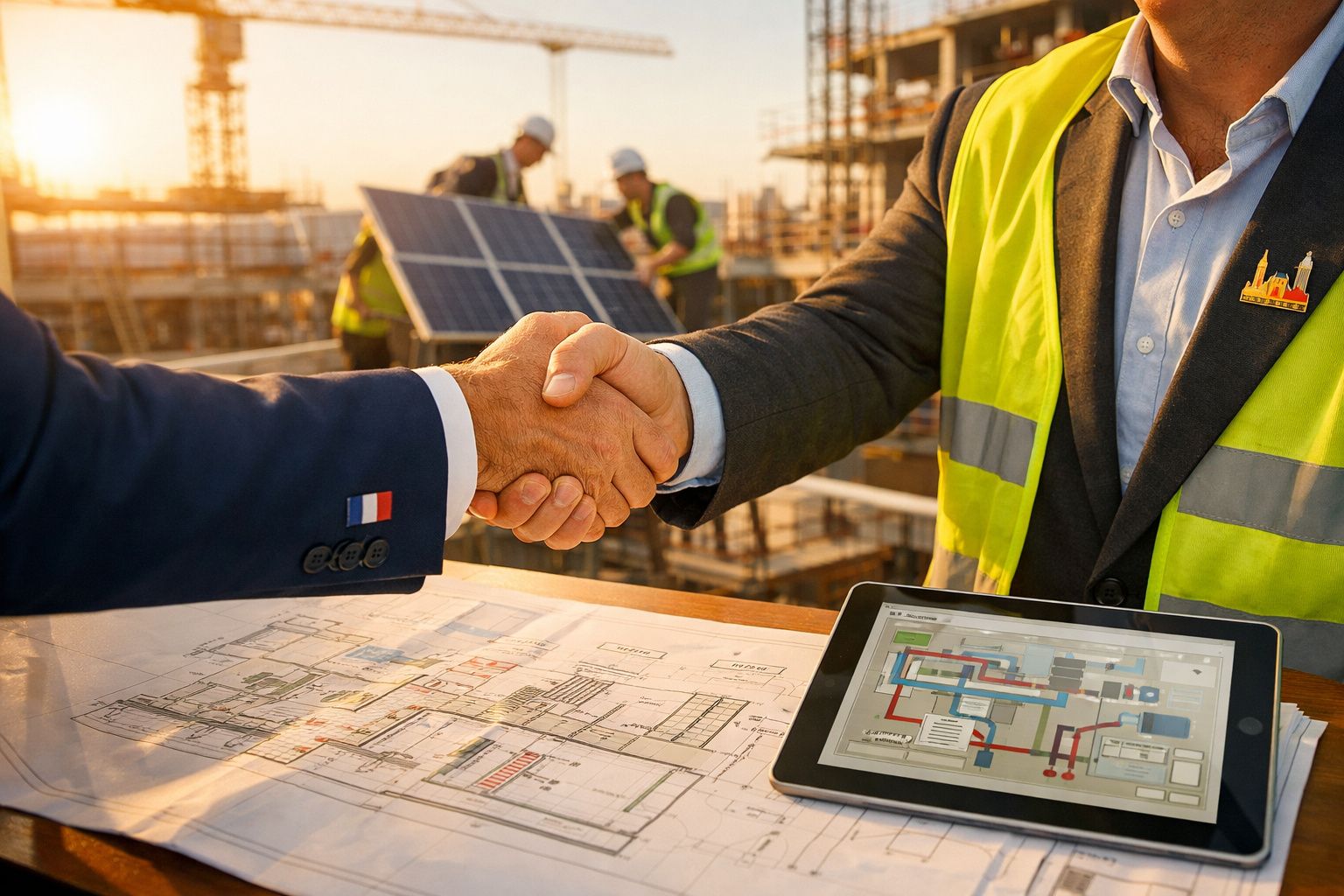 Aperto de mão entre engenheiros na obra com plantas e ecrã tátil a mostrar projeto de construção.