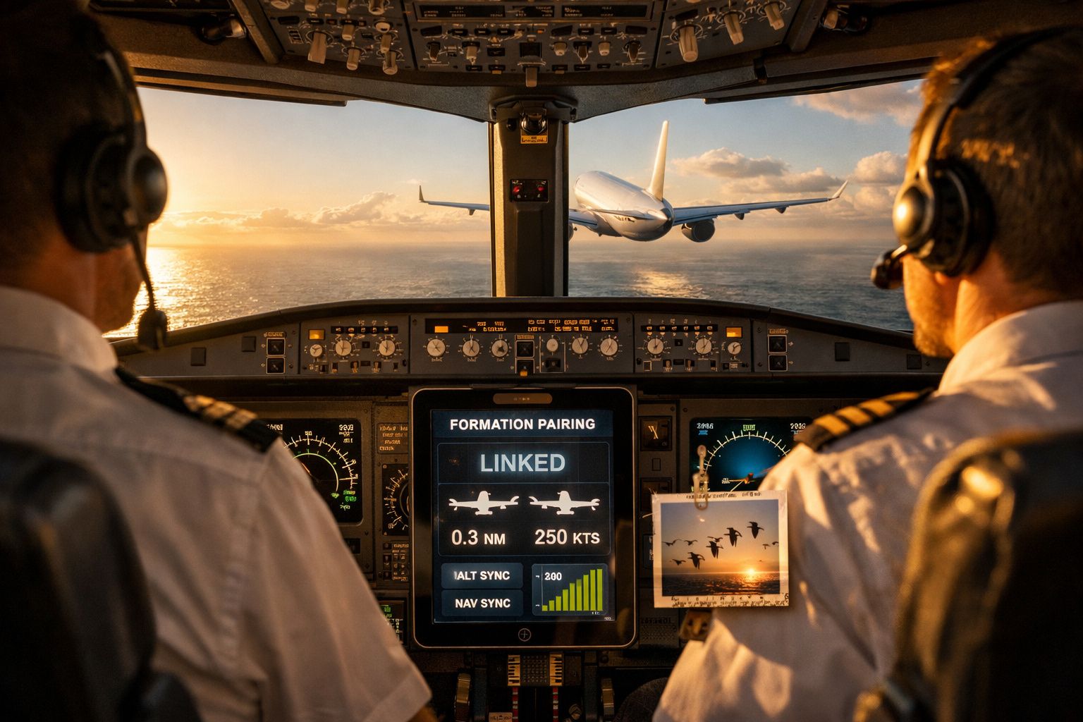 Dois pilotos na cabine de um avião com painel de controlo e outra aeronave a voar à frente ao pôr do sol.