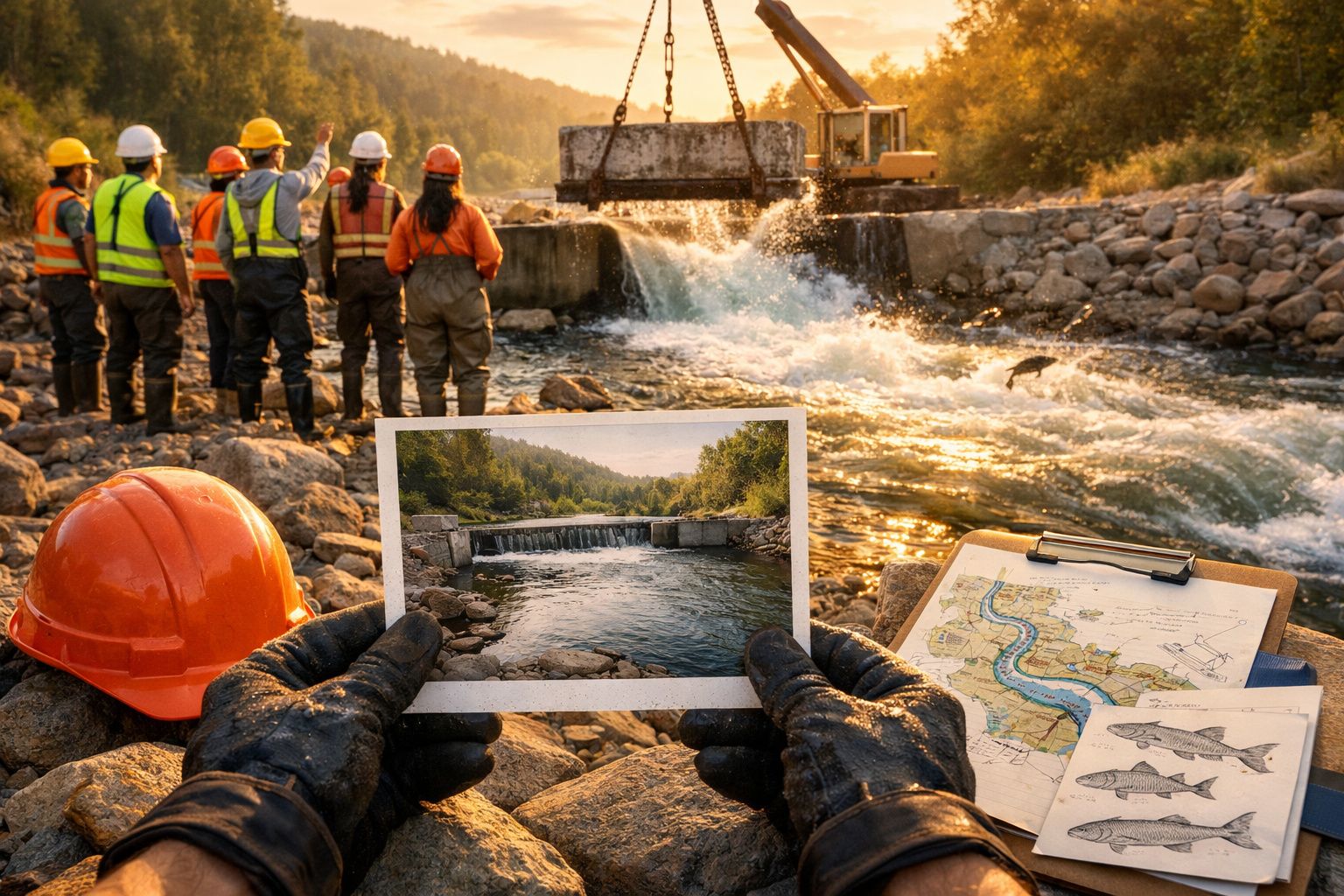Pessoa de luvas apresenta foto de barragem em rio, enquanto trabalhadores com capacetes observam obra perto da água.