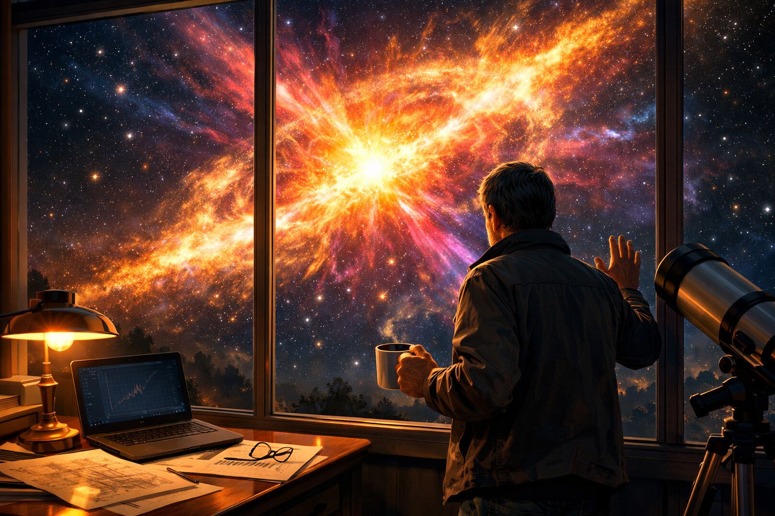 Homem observa explosão estelar colorida no espaço através de janela com laptop, telescope e mesa ao lado.