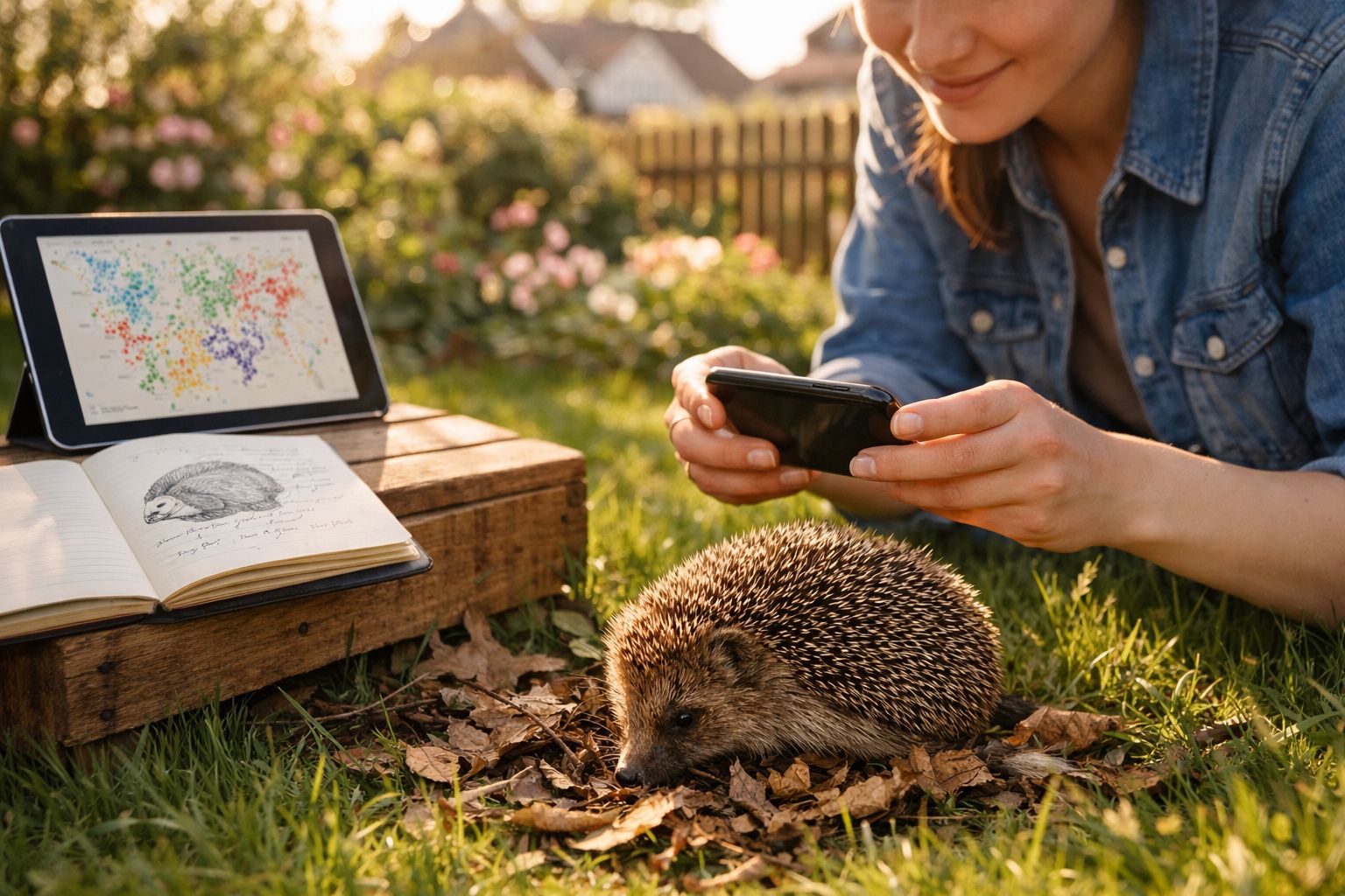 Pessoa a tirar fotografia a um ouriço no jardim, com caderno de desenho e tablet ao lado.